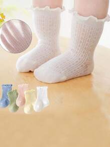 5 Pairs Infant Plain Color Lace Ruffle Short Socks, Suitable For All Seasons