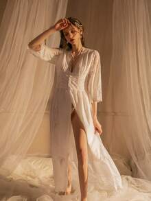 UPVV Women Maternity Photoshoot Gown White Bridal Robe Lace Nightgown Lingerie Robe Sleepwear For Honeymoon  Plain  Sheer  Split Thigh  Elegant  Romantic  Casual-Young  Lace  Half Sleeve  Long  Lace Robe - trắng - Xem 4
