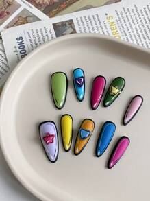 10 piezas de uñas de almendra hechas a mano, con texto personalizado y nombre personalizado, arte de uñas de verano, uñas postizas hermosas, hazlo tú mismo, uñas coloridas con estrellas de dopamina, suministros de uñas reutilizables para niñas y mujeres para bodas, fiestas, vacaciones, regalo de un juego de uñas