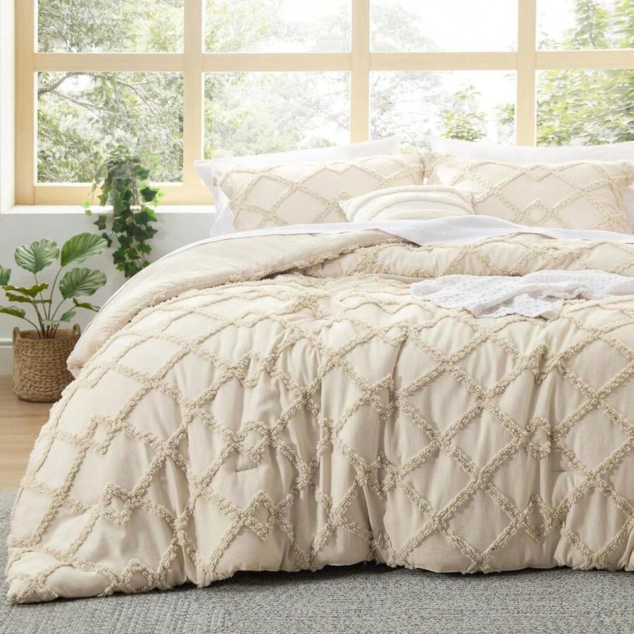 Luxurious Tufted Boho Comforter Set Queen Size - Premium Beige Bedding Ensemble With 3-Piece Shabby Chic Embroidery, Ideal Gifts For Women, Soft Jacquard Queen Comforter For All Seasons - 04 - 米色 - 鑽石般 - 查看 1