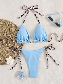 2pcs Set Leopard Print Halter Tie Bikini Swimsuit - Lake Blue - View 2