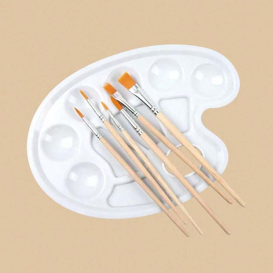 调色板画笔套装，包括 1 个调色板和 6 支笔，适合美术生，便携式调色板画笔套装，返校，学校用品 - 白色 - 查看 1