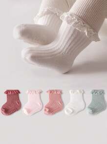 5 Pairs Lace Socks For Baby Girls, Mid-Length, Suitable For All Seasons