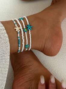Handmade Blue Flower And Starfish Beaded Anklet For Women, Beach Resort Style Flower Ankle Chain