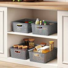 4-Pack Plastic Rattan Storage Baskets, Small Weave Basket Box Set For Kitchen, Bathroom, Bedroom, And Office Organization (L(13.2 X 9.65x 3.55 In))