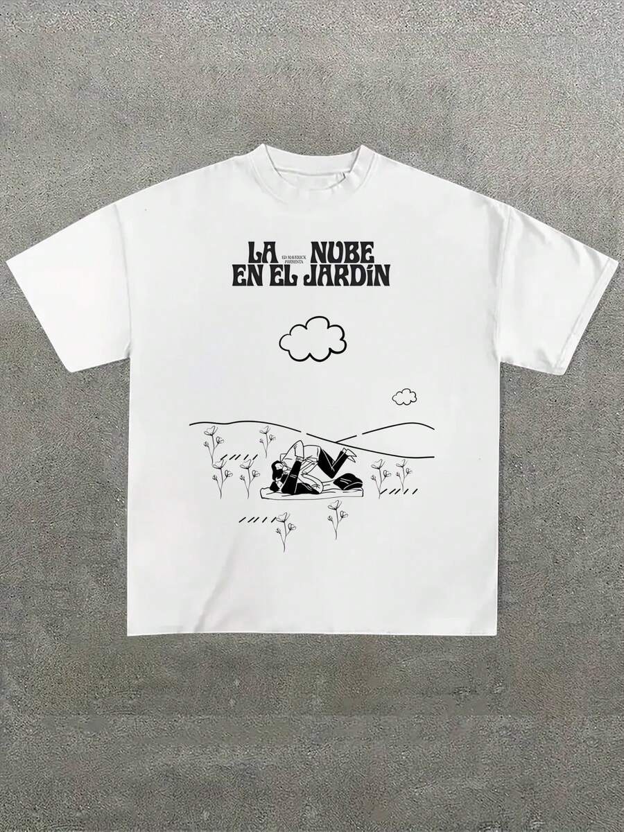 Para hombre,Camiseta con Estilo Artístico y Letras "La Nube en el Jardín",Camiseta casual de cuello redondo y manga corta con estampado,adecuada para uso diario en primavera y verano,unisex - Blanco - Ver 1