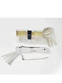 Set de 7 piezas para abrir cerraduras con una cerradura de entrenamiento transparente 2 en 1 de LockCowboy. Gadgets geniales para hombres e incluye guías electrónicas para cerrajeros principiantes y profesionales, también se pueden utilizar para decoración.