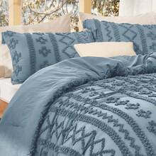 Luxurious Tufted Boho Comforter Set Queen Size - Premium Beige Bedding Ensemble With 3-Piece Shabby Chic Embroidery, Ideal Gifts For Women, Soft Jacquard Queen Comforter For All Seasons - 21 - 灰藍色 - 優雅 - 查看 3