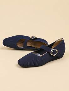 Women's Square Toe Low-Top Knit Breathable Mary Jane Buckle Adjustable Solid Color Casual Hidden Wedge Heel Pumps, Suitable For Petite Women, All Season Wear - Blue - View 4
