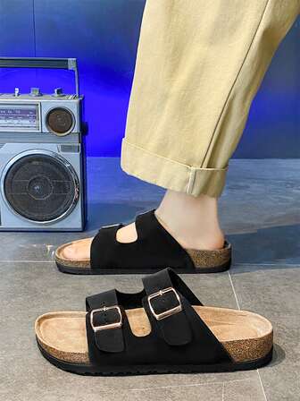 时尚带扣平底软木拖鞋，度假风格夏季男女通用沙滩拖鞋，大码（最大 49 码）男女皆宜