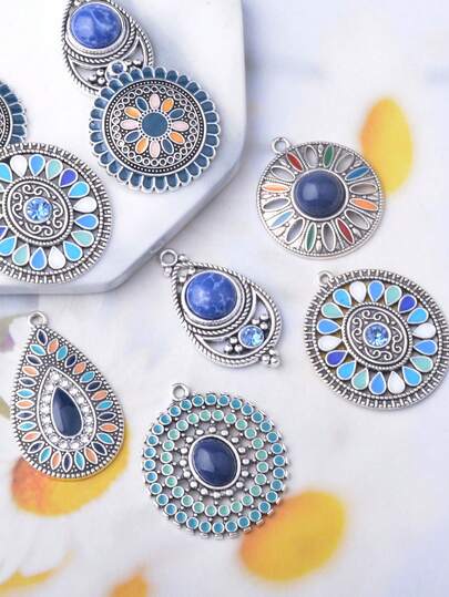 12 chiếc mặt dây chuyền hình bầu dục bằng hợp kim kẽm màu xanh nước biển, bông tai mặt dây chuyền giọt dầu Acrylic Boho, móc bông tai vòng cổ làm đồ trang sức trang trí