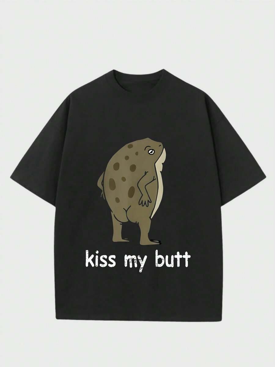 Para hombre,Camisa con Letra "kiss my butt" y Caricatura de Sapo,Camiseta casual de cuello redondo y manga corta con estampado,adecuada para uso diario en primavera y verano,unisex - Negro - Ver 1