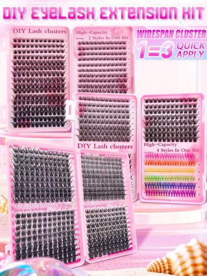 1216PCS/440PCS/392PCS/384PCS/120PCS/72PCS Colorful D Curl Individual Lash Clusters Widespan 9-18mm Mixed DIY Lash Clusters Extra Thick&Natural Look&Dense&Waterproof&Super Light DIY Eyelash Extension Kit For Beginner Use At Home Or On-The-Go For Daily Life&Party&Travel&Music Festival&Mother's Day