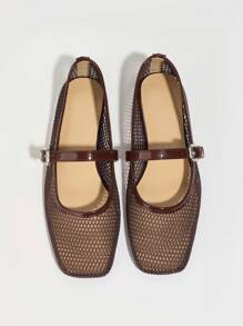 New Hollow-Out Mesh Ballet Brown Square-Toe Summer Breathable Soft Casual Flat Sandals, Ladies Plain Color Comfy Leisure Flat Shoes