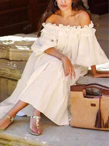 Vestido largo informal y elegante para vacaciones de mujer, de un solo hombro, con aberturas laterales y unicolor