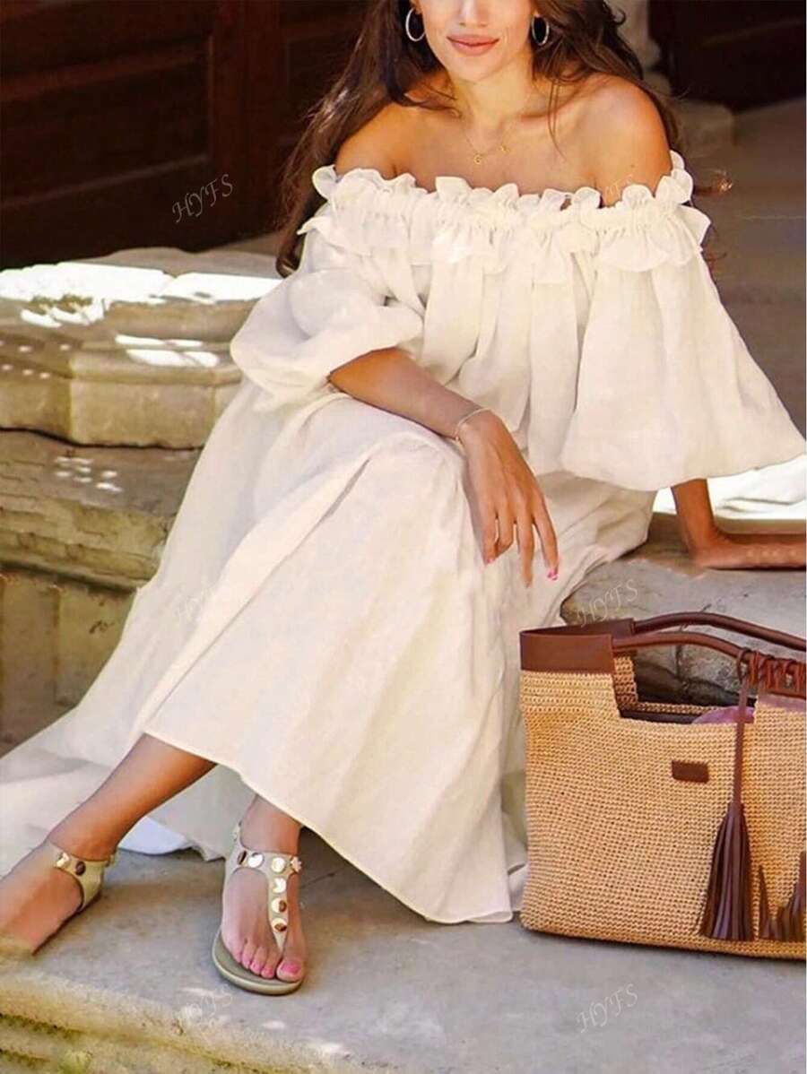 Vestido largo informal y elegante para vacaciones de mujer, de un solo hombro, con aberturas laterales y unicolor