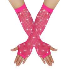 1 Paar sexy lange Strass-Handschuhe, elastische Fischnetz Halbfinger Cut Out ausgearbeitete Handschuhe für Auftritte
