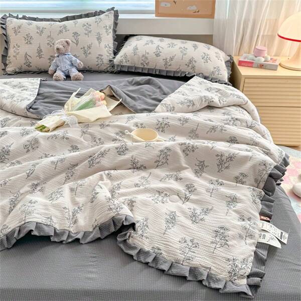 1 Peça Colcha Leve com Estampa Floral Ditsy Cinza, Manta de Verão Estilo Fazenda com Babados de Fibra de Soja Macia, Adequada para Uso Doméstico no Verão (1 Colcha, Travesseiro Não Incluído)