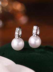 1 Pair Delicate French Style Rhinestone & Pearl Decorated Earrings, Elegant Luxury Small Brand Design Earrings