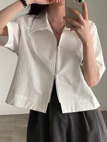 Summer Retro Minimalist Polo Collar Double Zipper Design Shirt