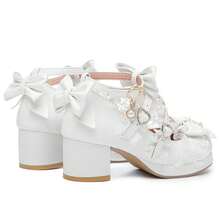 Women's Kawaii Lace Mid Chunky Heel Pumps Cute Ankle Strap Mary Jane Shoes Cross Strap Pumps Fashion Dress Wedding Shoes - 白色 - 查看 6