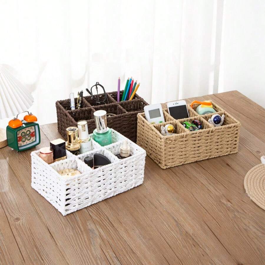 1 pieza Cesta de almacenamiento tejida a mano - Organizador de escritorio de cuerda de papel, separador de varios usos, para oficina/hogar, portalápices, control remoto, soporte de toalla de papel de múltiples funciones