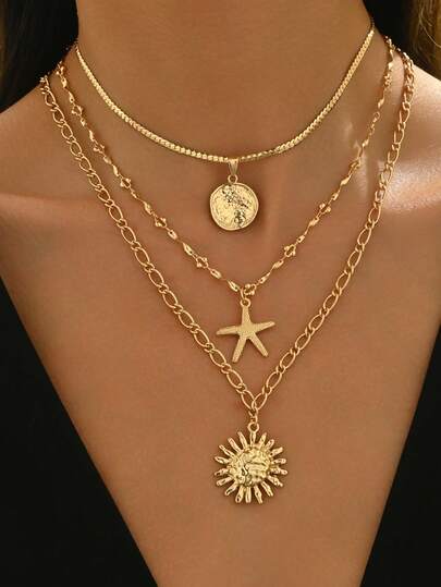 3pcs/Set Summer Beach Holiday Starfish Sun Pendant Necklace, Fashionable Metallic Gold Tone Jewelry Chain For Women, Suitable For Daily Wear, Beach Travel, Date, Photo Shoot