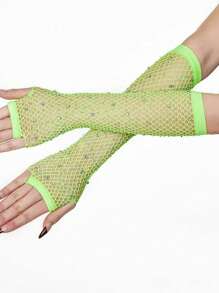 1 Paar sexy lange Strass-Handschuhe, elastische Fischnetz Halbfinger Cut Out ausgearbeitete Handschuhe für Auftritte