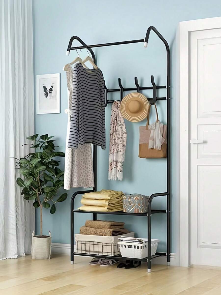 1件装多功能铁艺衣帽架/鞋架/置物架，可移动且易于组装，适用于客厅、玄关、卧室、书房、办公室，亦可作为节日礼物或情人节礼物。