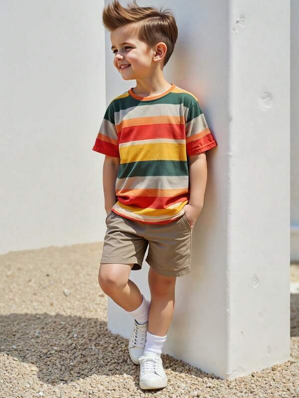 2pcs Boys Casual Striped Short Sleeve T-Shirt + Comfy Shorts Set, Perfect For Summer