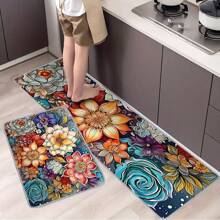 1pc Bohemian Feng Shui Colorful Floral Kitchen Floor Mat, Anti-Slip Soft Carpet, Waterproof Kitchen Mat, Anti-Fouling Mat, Machine Washable, Entrance Door Mat, Kitchen/Living Room/Laundry Room/Bathroom Absorbent Mat, Room Decor