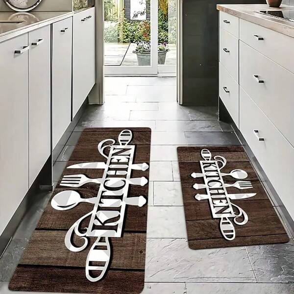 1pc Anti-Slip And Oil-Proof Kitchen Mat, Creative Knife & Fork Letter Pattern Carpet, Indoor/Outdoor Home Decor, Indoor Supplies, Spring Decor