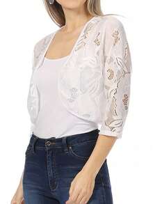Casual Lace Bolero Crochet Cardigan With 3/4 Sleeves    Casual  Fabric  Sheer  Split      Daily - 白色 - 查看 2