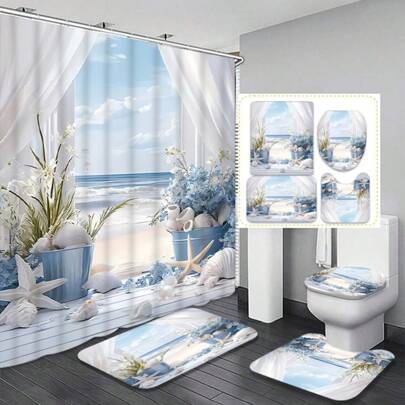 1/4pcs Creative Seaside Landscape Coral & Shell Patterned Shower Curtain Set, Mother's Day Gift, Decorative Home Decor, Spring/Fall Decor, Festival Decoration, High-End Bathroom Decor Accessories, Waterproof, Machine Washable, 12 Hooks Included, Essential For Bathroom Decoration, Bath Tub Partition And Easy To Clean Design, Giving A Refreshing Bathroom Experience Bathroom Accessories Back To School