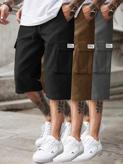 男士松紧腰时尚多口袋迷彩七分工装裤，夏季户外休闲裤