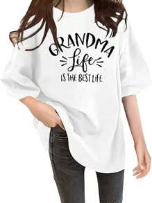 1 Piece Casual Crew Neck Short Sleeve T-Shirt For Girls 100% Cotton Grandma's Life Themed Motif Digital Print 220g Heavy T-Shirt - 白色 - 查看 1