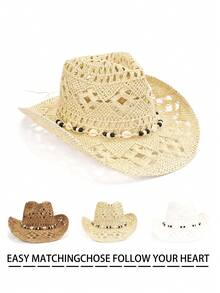 1pc Boho Casual Cowboy Straw Hat, Sunscreen Hat Suitable For Vacation And Commute, Fashion And Versatile For Men And Women All Seasons - Teardrop Straw Hat - View 1