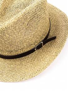 1pc Solid Color Boho Laser Cutout Rhinestone Decor UV Protection Western Cowboy Woven Straw Hat, Panama Straw Brimmed Hat, Unisex Fashion Casual Commuter, For All Seasons