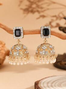 1 Pair Luxury Earrings, Elegant Crystal Embedded Fashion Bells & Tassel Faux Pearl Drop Earrings, Bollywood Jewelry Gift Suitable For Women's Daily, Festival, Wedding And Party Wear