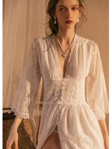 UPVV Women Maternity Photoshoot Gown White Bridal Robe Lace Nightgown Lingerie Robe Sleepwear For Honeymoon  Plain  Sheer  Split Thigh  Elegant  Romantic  Casual-Young  Lace  Half Sleeve  Long  Lace Robe - trắng - Xem 5