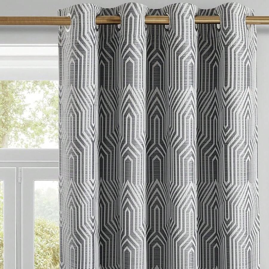 Beige And Black% Blackout Geometric Pattern Curtains, 52 Inch Wide 96 Inches Long 2 Panels, Thermal Insulated Noise Reducing Anti-Rust Grommet Drapes Bedroom Living Room,, Modern Style, Energy-Efficient - 深灰色和銀色 - 查看 1