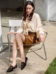 女士透气波点马衔扣装饰尖头平底鞋，时尚户外网眼乐福鞋，圣诞节冬季圣诞礼物 - 黑色 - 查看 2