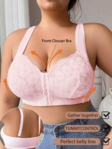 Plus Size Women Stylish Front Closure Lace Wireless Bra - Pink - View 4