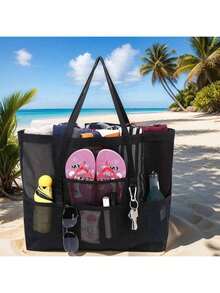 Mesh Beach Bag – Large Waterproof Beach Tote Bag With Zipper, Oversized Foldable Lightweight Family Swim Bag For Vacation - Black - View 2