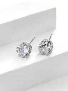 1 Pair Fashionable Crown Crystal Zirconia Micro-Inlaid Stud Earrings, Versatile For Daily Wear And Parties, All Seasons
