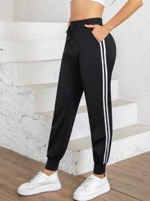 Women's High Elasticity Ice Silk Nylon Sports Pants - Solid Color, Suitable For All Seasons, Knit Fabric, Regular Style, Elastic Waistband With Drawstring, Suitable For Running And Casual Wear