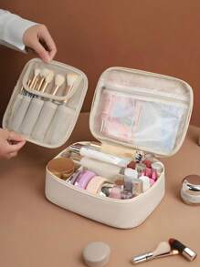 Large Capacity Spacious Double Layer Cosmetic Bag, PU Leather Waterproof Cosmetic Bag, Cosmetic Storage Bag, Lightweight Toiletries Cosmetic Bag, Large Capacity Toiletries Bag With Dividers, Cosmetic Travel Bag, Multifunctional Travel Storage Bag
