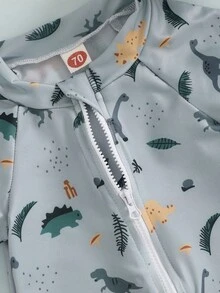3M-3T Toddler Boys Rash Guard Swimsuit Playsuits Dinosaur/Fish Print Zipper Short Sleeve Sun Protection Bathing Suit With Swim Cap - Grey - View 7