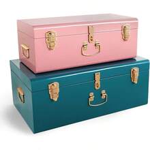 Fashionable Storage Trunks Set Of 2 Pink Teal Steel Chests With Gold Accents Stackable Bedroom Organiser With Secure Lids Durable MultiPurpose Blanket Toy Box Essential For  Spaces - Teal/Pink - View 2