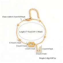 1 pieza Pulsera de acero inoxidable chapado en oro con cuentas, de estilo sencillo y moderno, con forma de rectángulo hueco y con cruz con pavé de circonita, para mujer